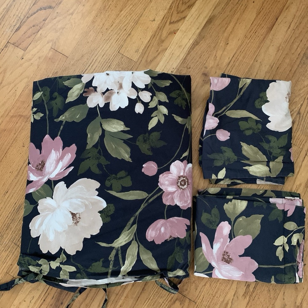 IKEA BLEKFRYLE Black Floral Full Queen Duvet Cover 2 Standard Shams